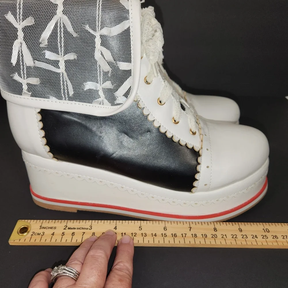 HILIB Platform Ankle Boots Womens White Black Lace Bow Kawaii Lolita Goth Shoes